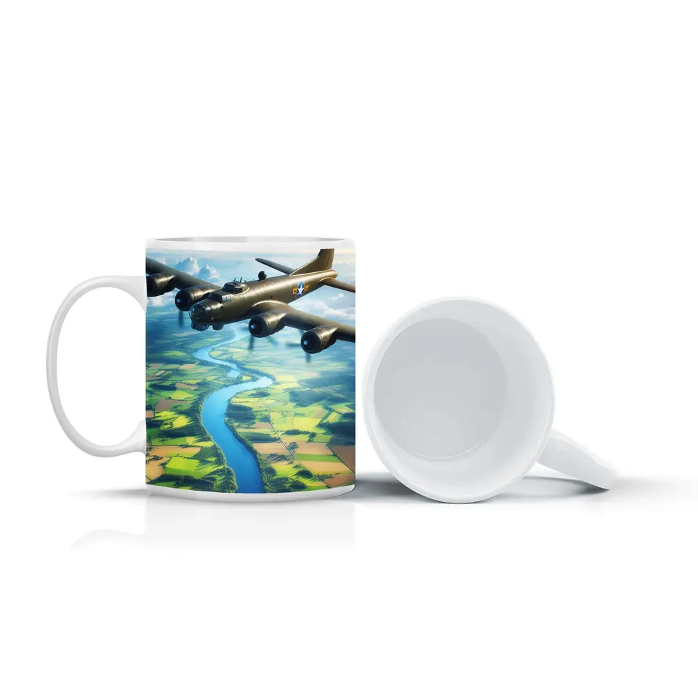 WWII B17 Bomber Flying Over Green Fields – Mugs