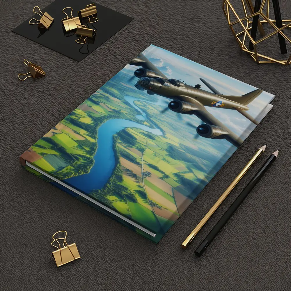 WWII B17 Bomber Flying Over Green Fields – Notebooks