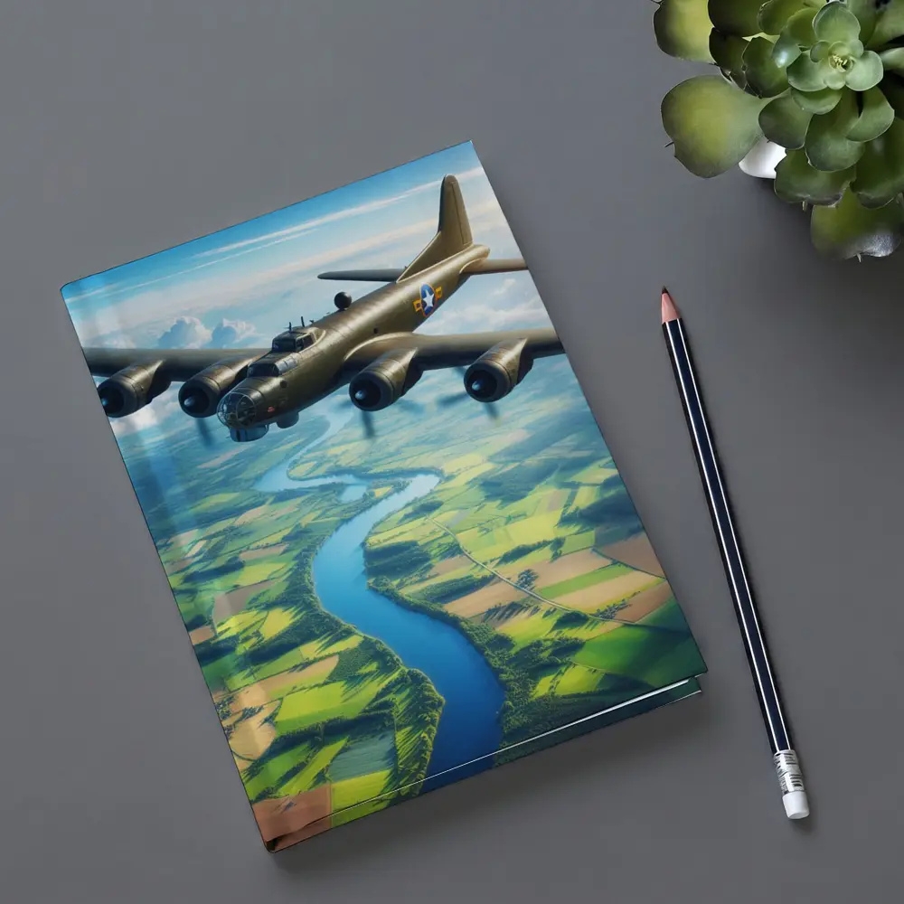 WWII B17 Bomber Flying Over Green Fields – Notebooks