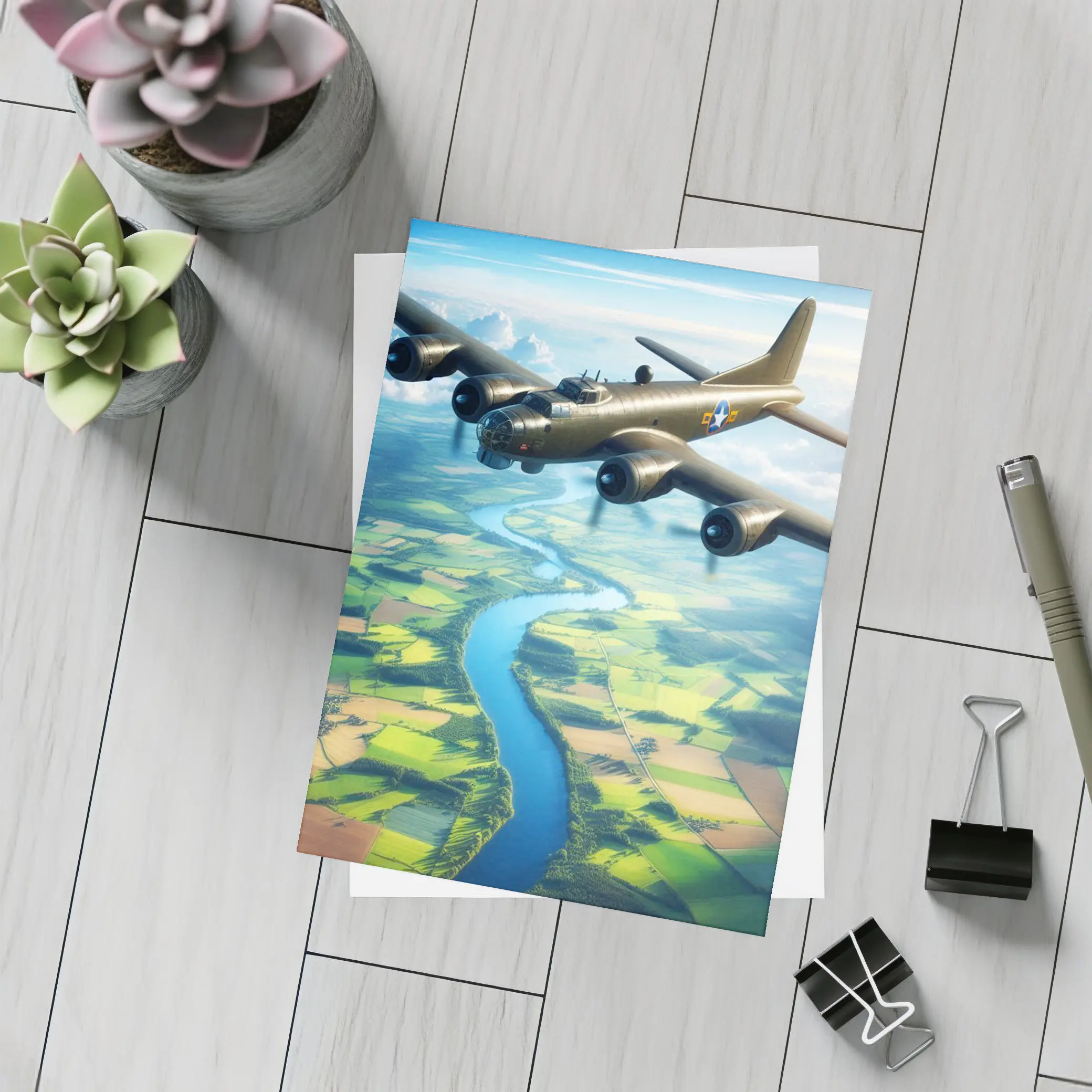 WWII B17 Bomber Flying Over Green Fields – Postcards