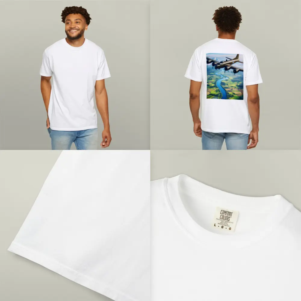 WWII B17 Bomber Flying Over Green Fields – T-Shirts