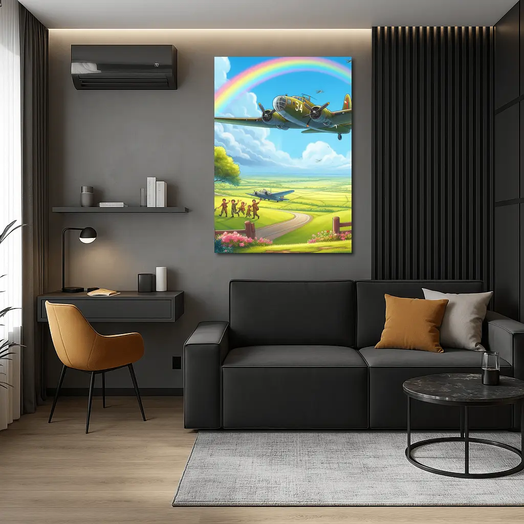WWII Bomber Flying Over Green Fields Rainbow – Wall Art