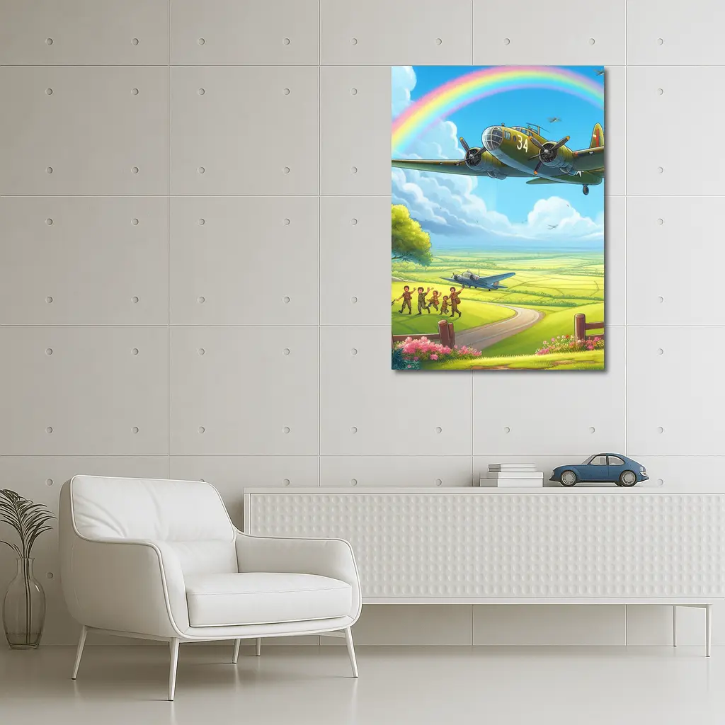 WWII Bomber Flying Over Green Fields Rainbow – Wall Art