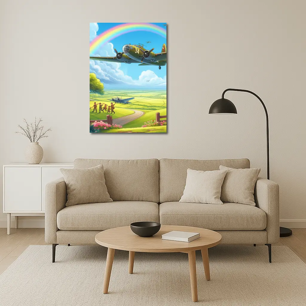 WWII Bomber Flying Over Green Fields Rainbow – Wall Art