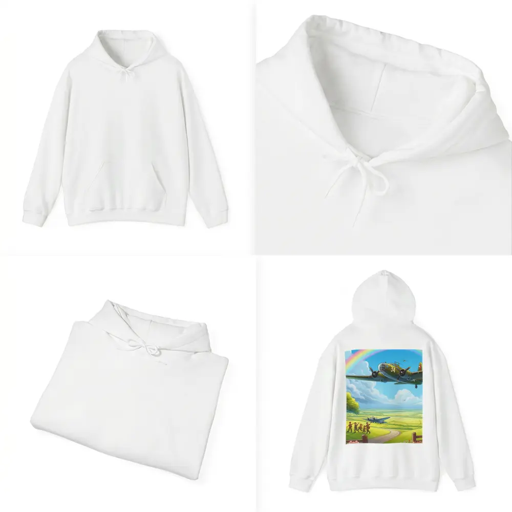 WWII Bomber Flying Over Green Fields Rainbow – Hoodies