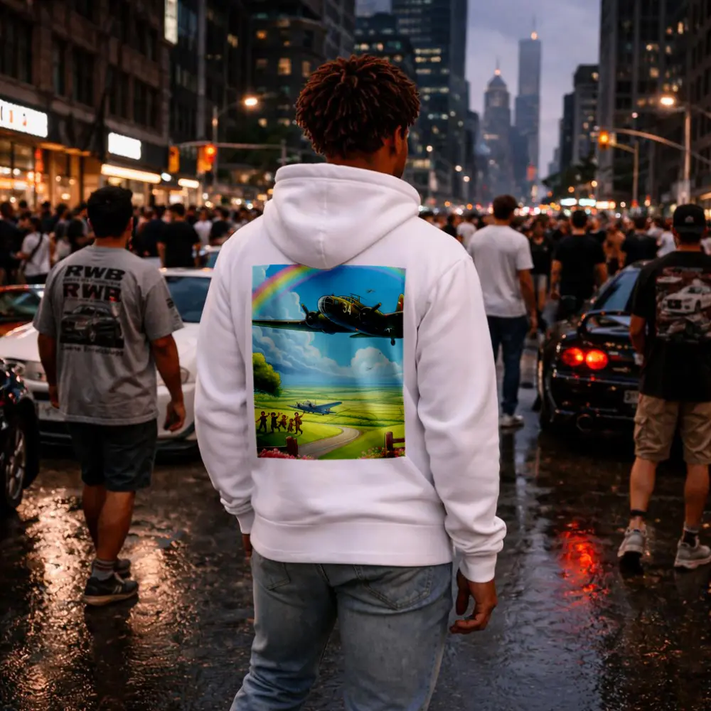 WWII Bomber Flying Over Green Fields Rainbow – Hoodies