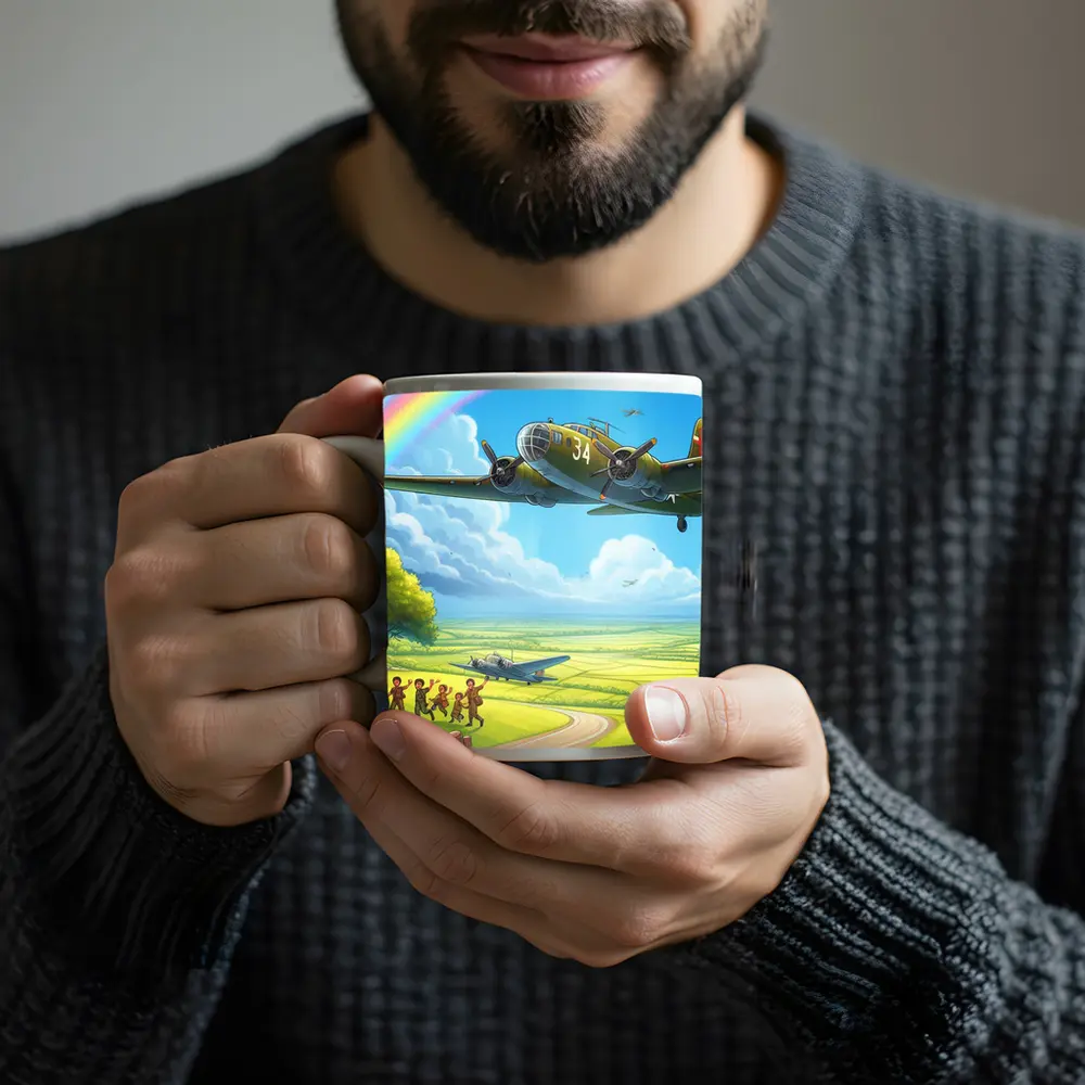 WWII Bomber Flying Over Green Fields Rainbow – Mugs
