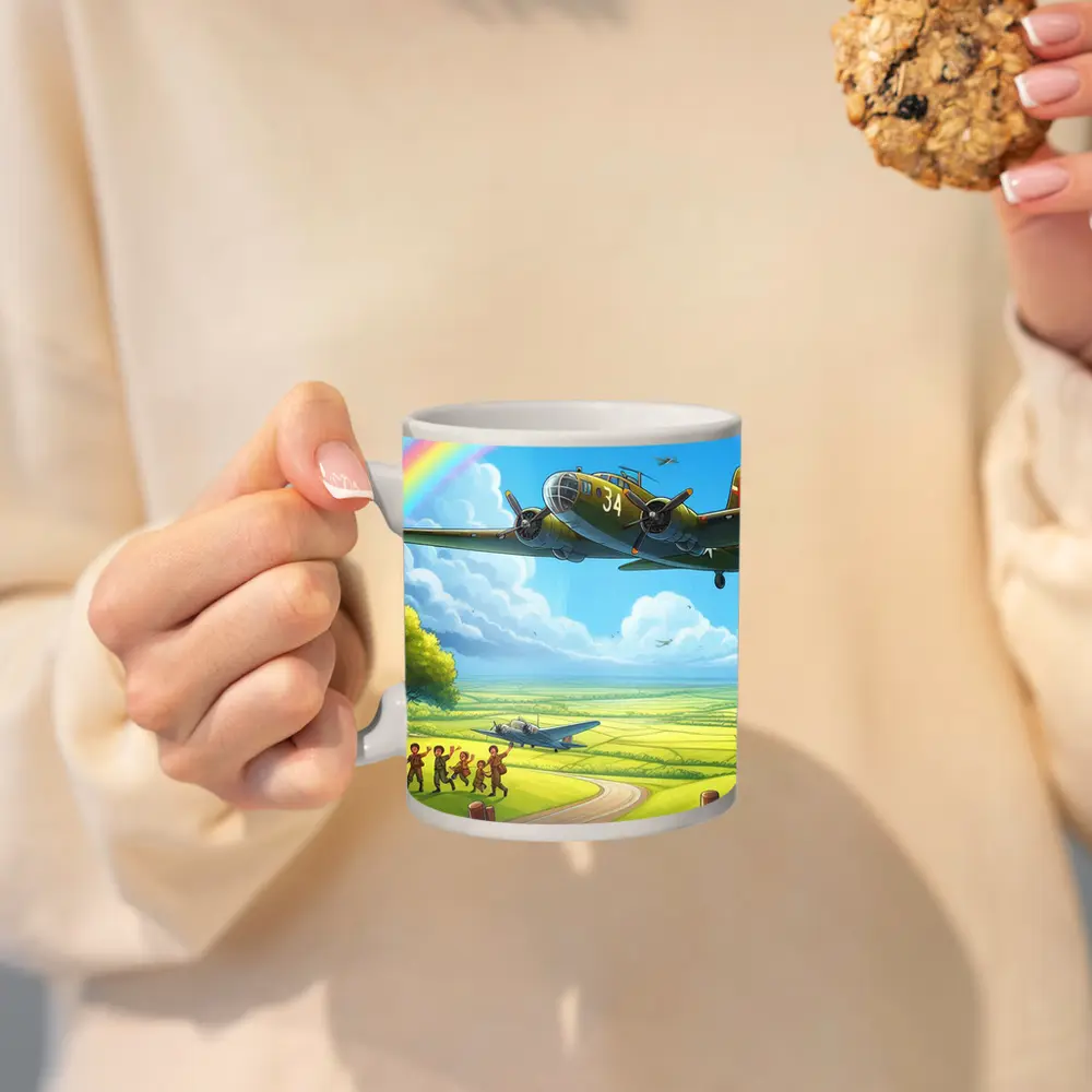WWII Bomber Flying Over Green Fields Rainbow – Mugs