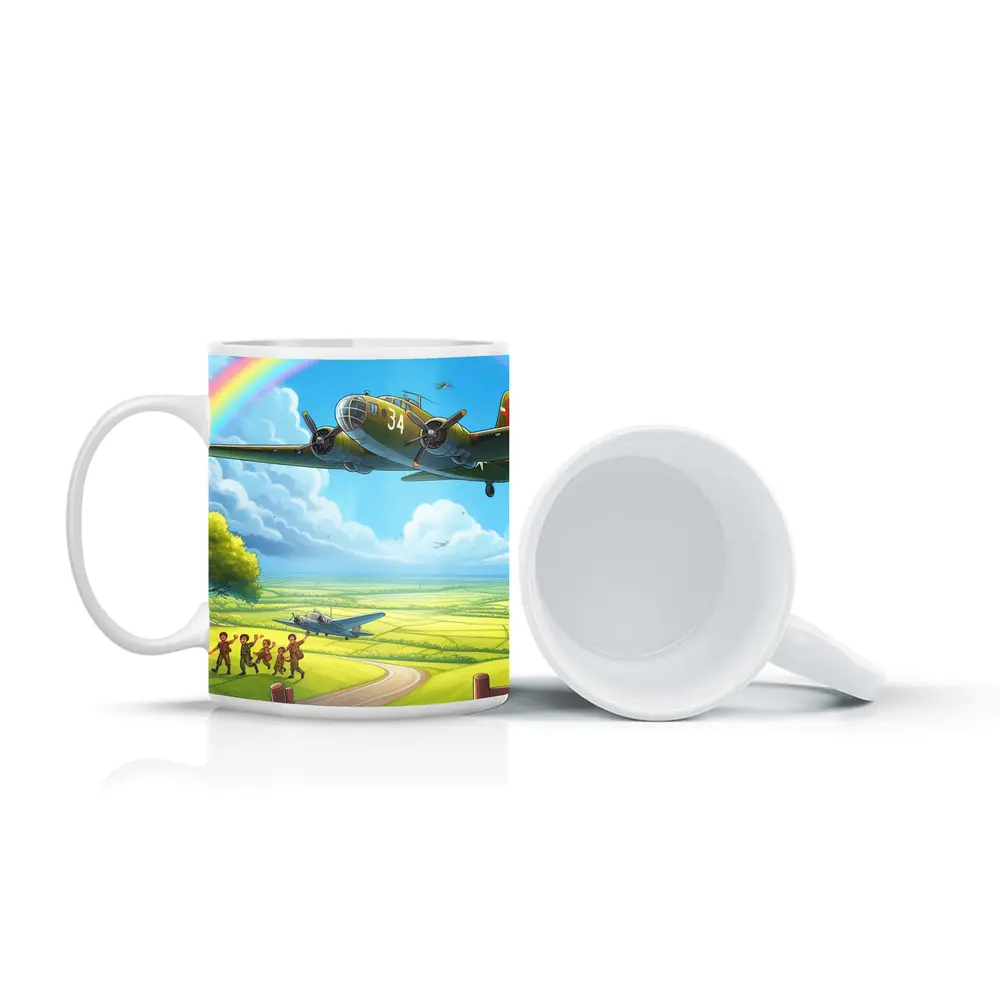 WWII Bomber Flying Over Green Fields Rainbow – Mugs