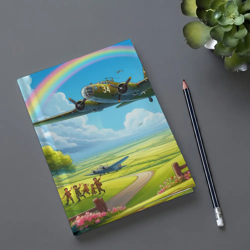 WWII Bomber Flying Over Green Fields Rainbow – Notebooks