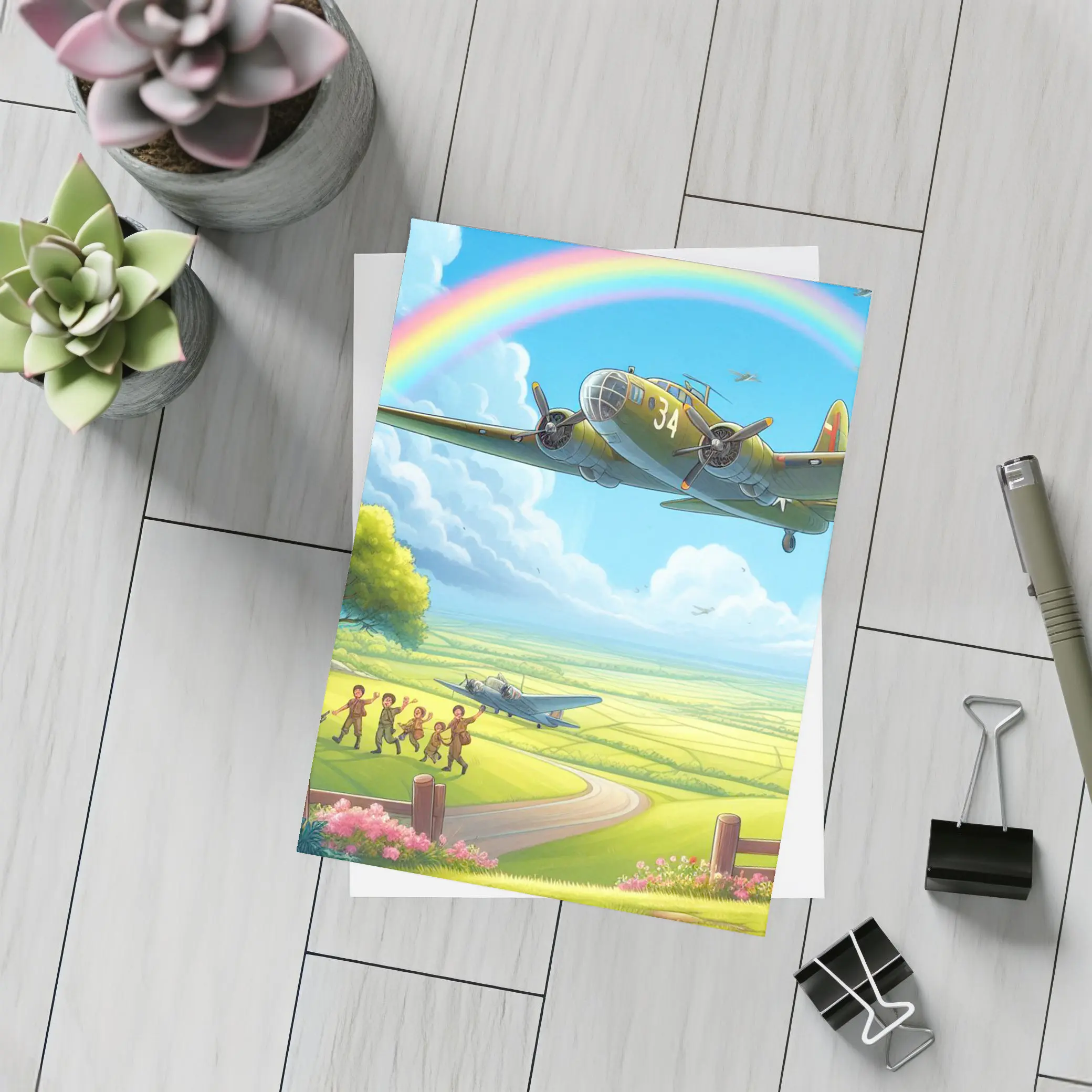 WWII Bomber Flying Over Green Fields Rainbow – Postcards