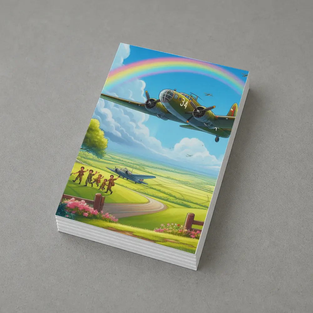 WWII Bomber Flying Over Green Fields Rainbow – Postcards