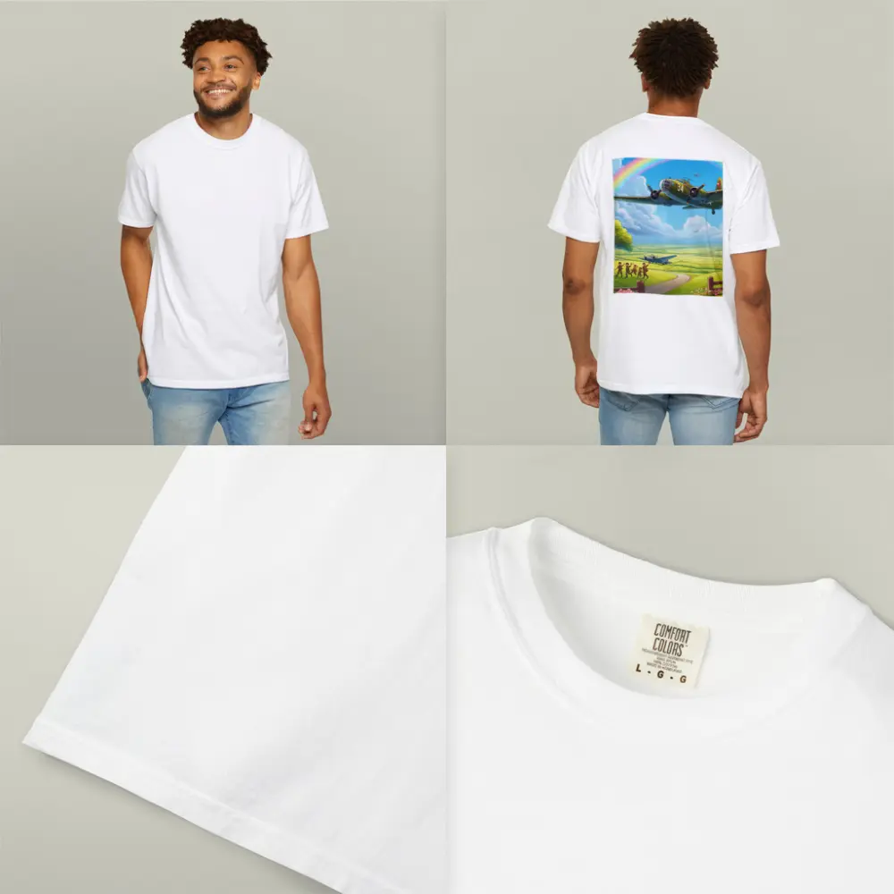 WWII Bomber Flying Over Green Fields Rainbow – T-Shirts