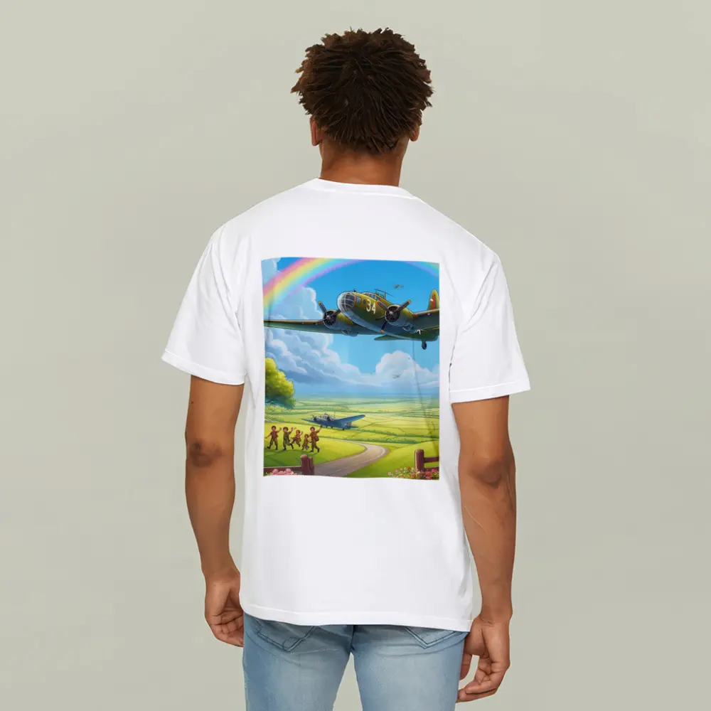 WWII Bomber Flying Over Green Fields Rainbow – T-Shirts