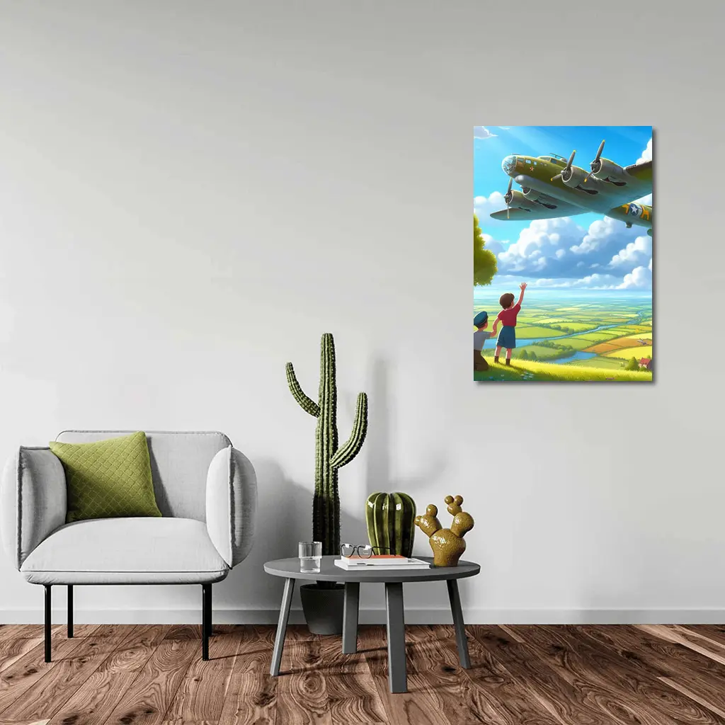 WWII Bomber Plane Over Green Fields – Wall Art