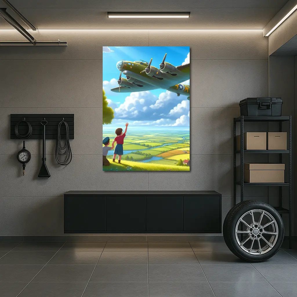WWII Bomber Plane Over Green Fields – Wall Art