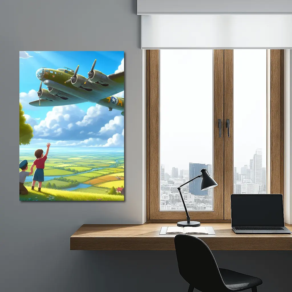 WWII Bomber Plane Over Green Fields – Wall Art