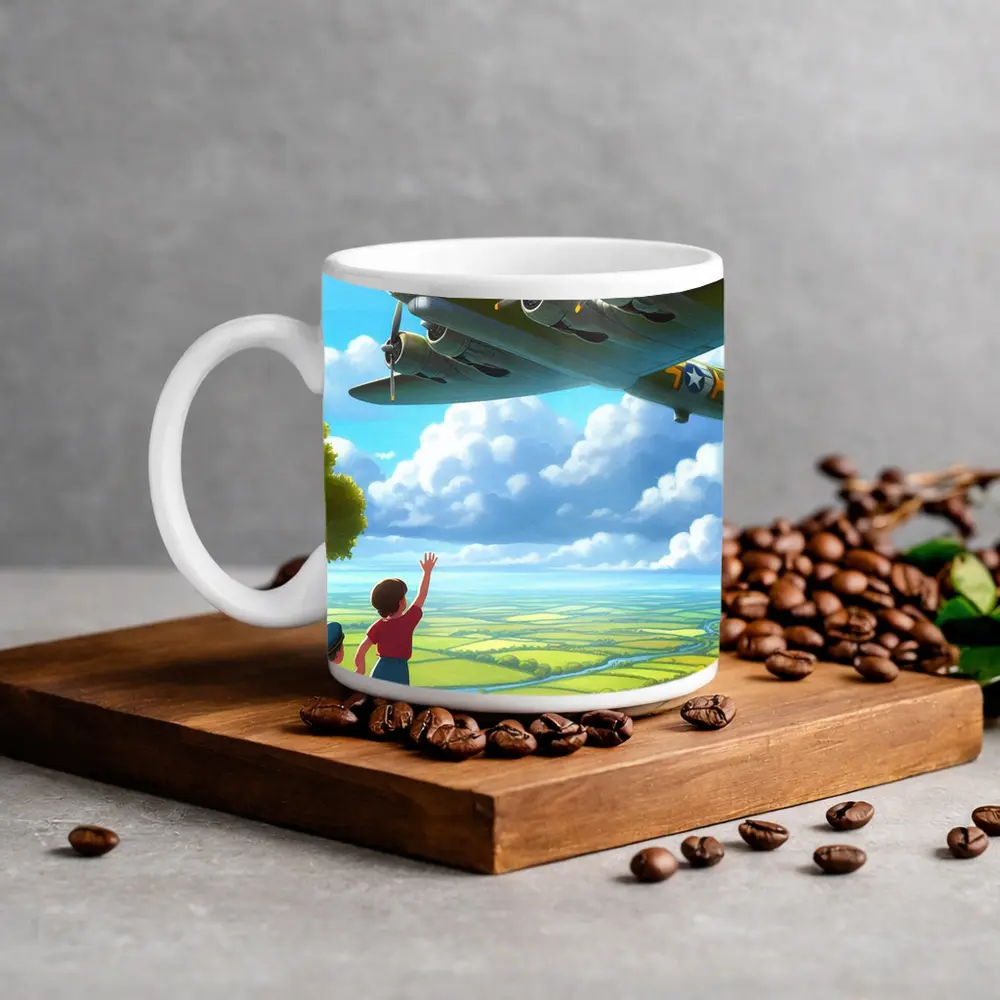 WWII Bomber Plane Over Green Fields – Mugs