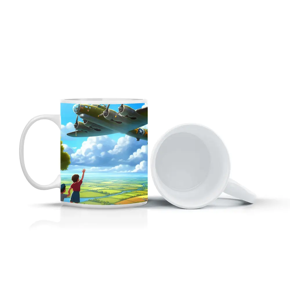 WWII Bomber Plane Over Green Fields – Mugs
