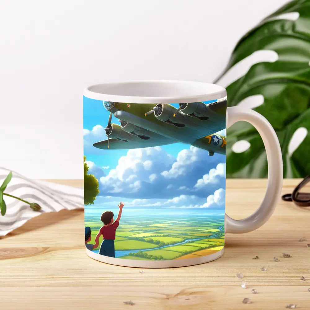 WWII Bomber Plane Over Green Fields – Mugs