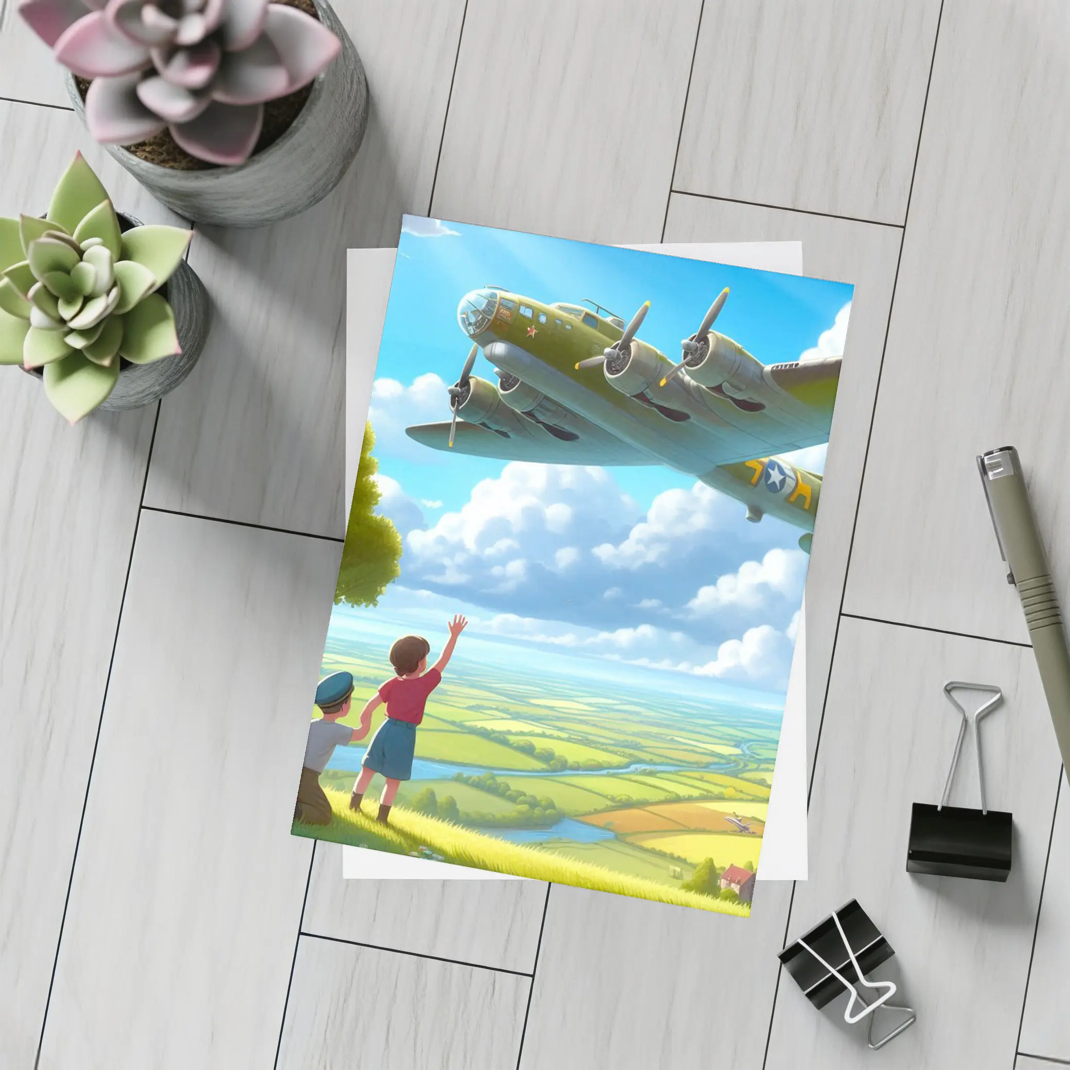 WWII Bomber Plane Over Green Fields – Postcards