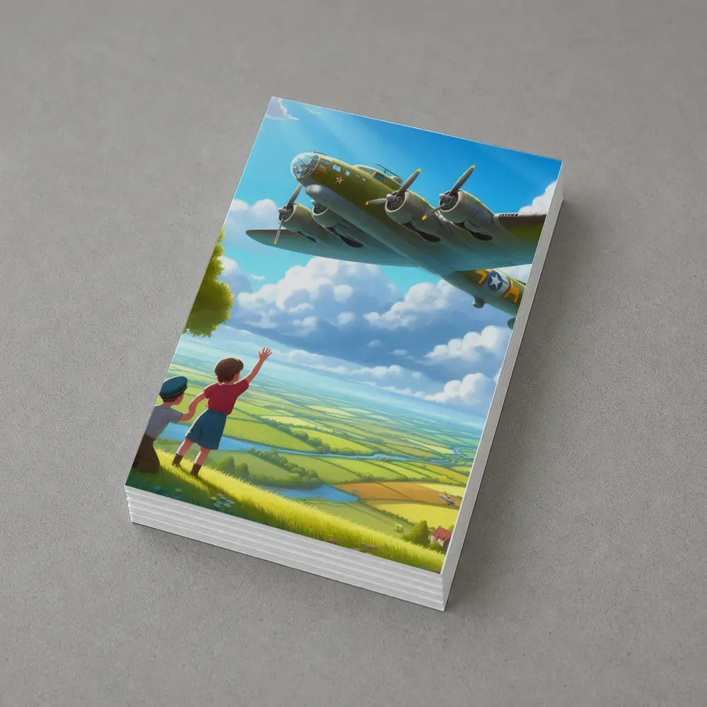 WWII Bomber Plane Over Green Fields – Postcards