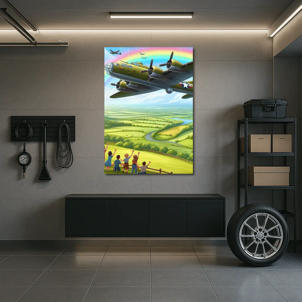 WWII Bomber Flying Over Green Countryside Rainbow – Wall Art