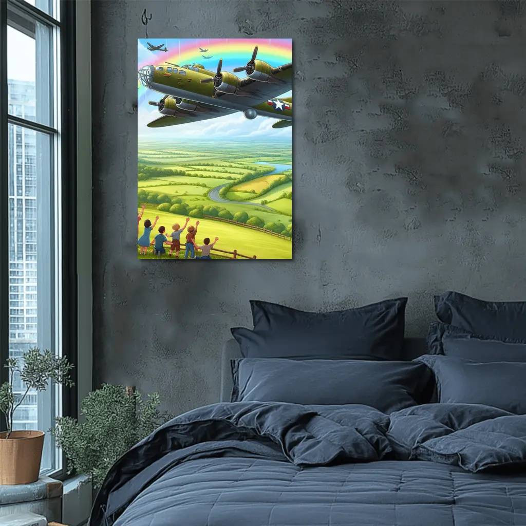 WWII Bomber Flying Over Green Countryside Rainbow – Wall Art