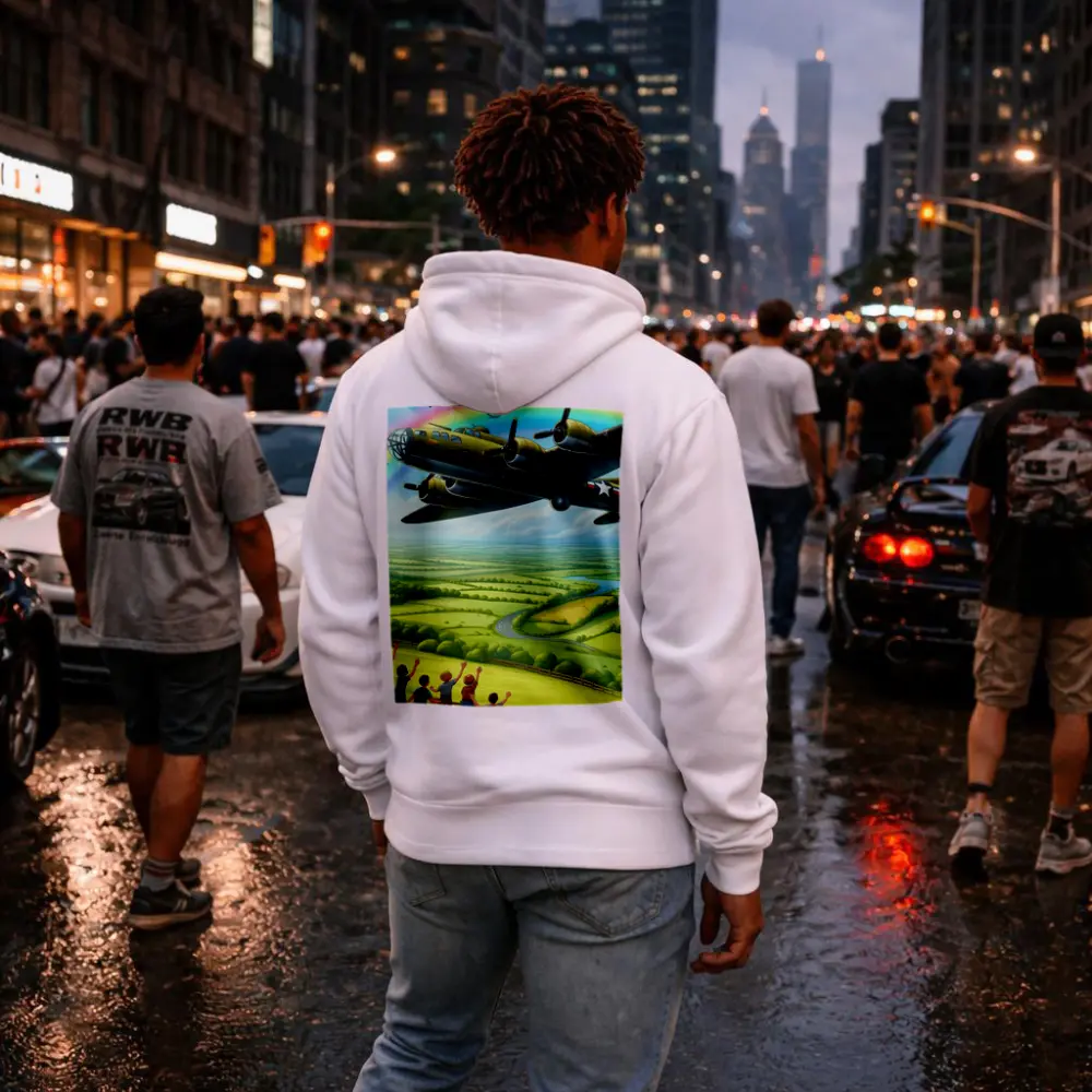 WWII Bomber Flying Over Green Countryside Rainbow – Hoodies