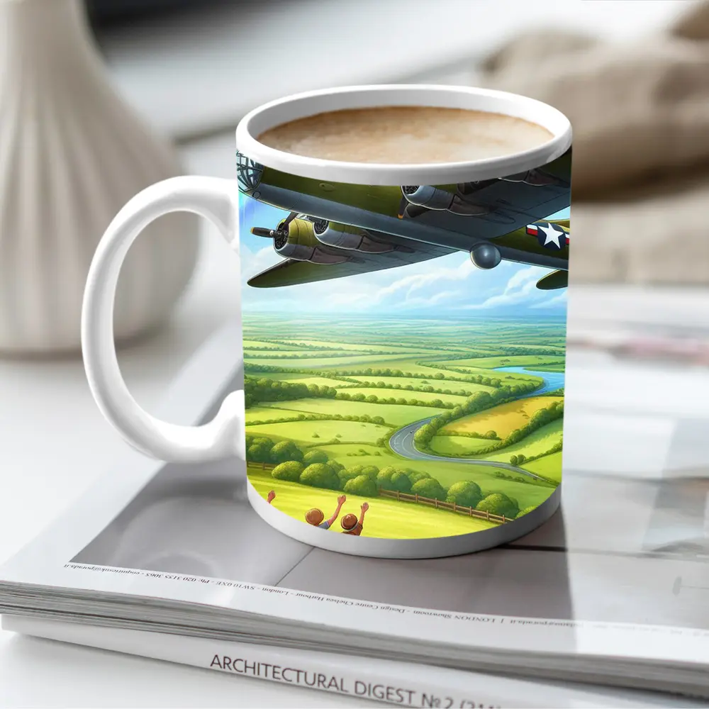 WWII Bomber Flying Over Green Countryside Rainbow – Mugs