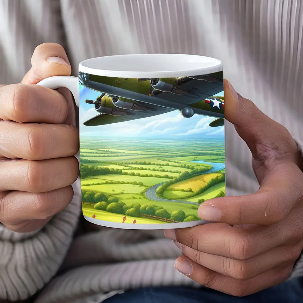 WWII Bomber Flying Over Green Countryside Rainbow – Mugs