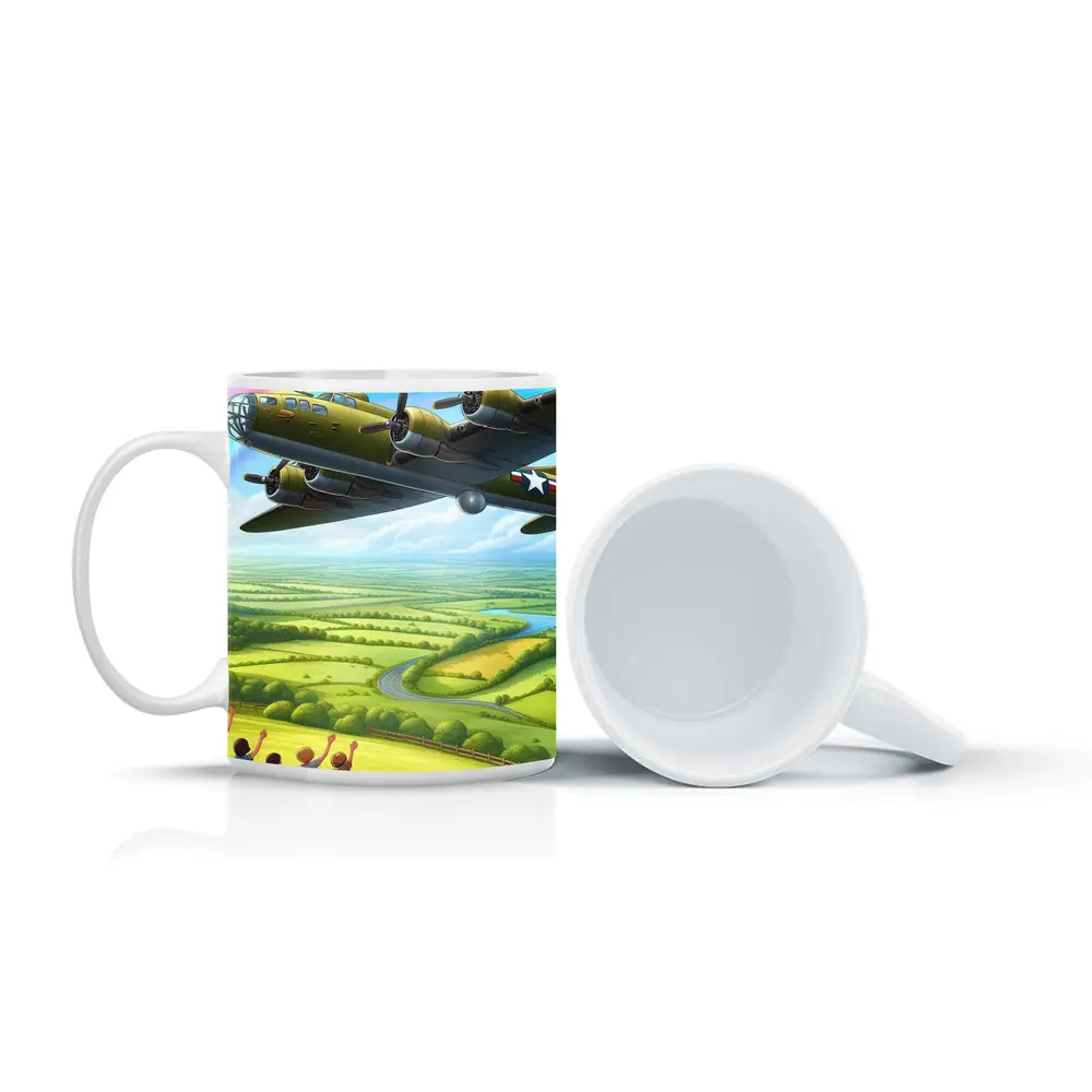 WWII Bomber Flying Over Green Countryside Rainbow – Mugs