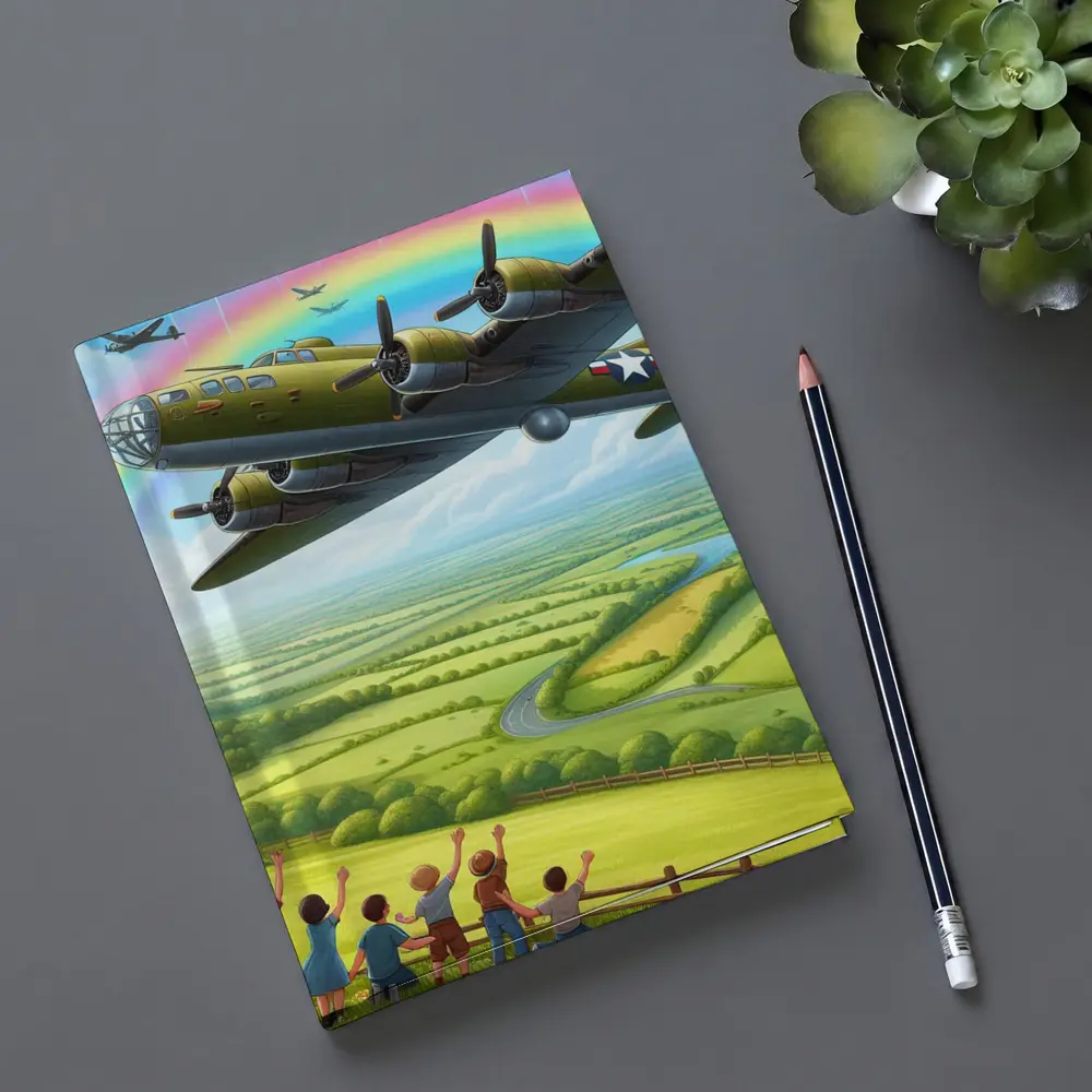 WWII Bomber Flying Over Green Countryside Rainbow – Notebooks