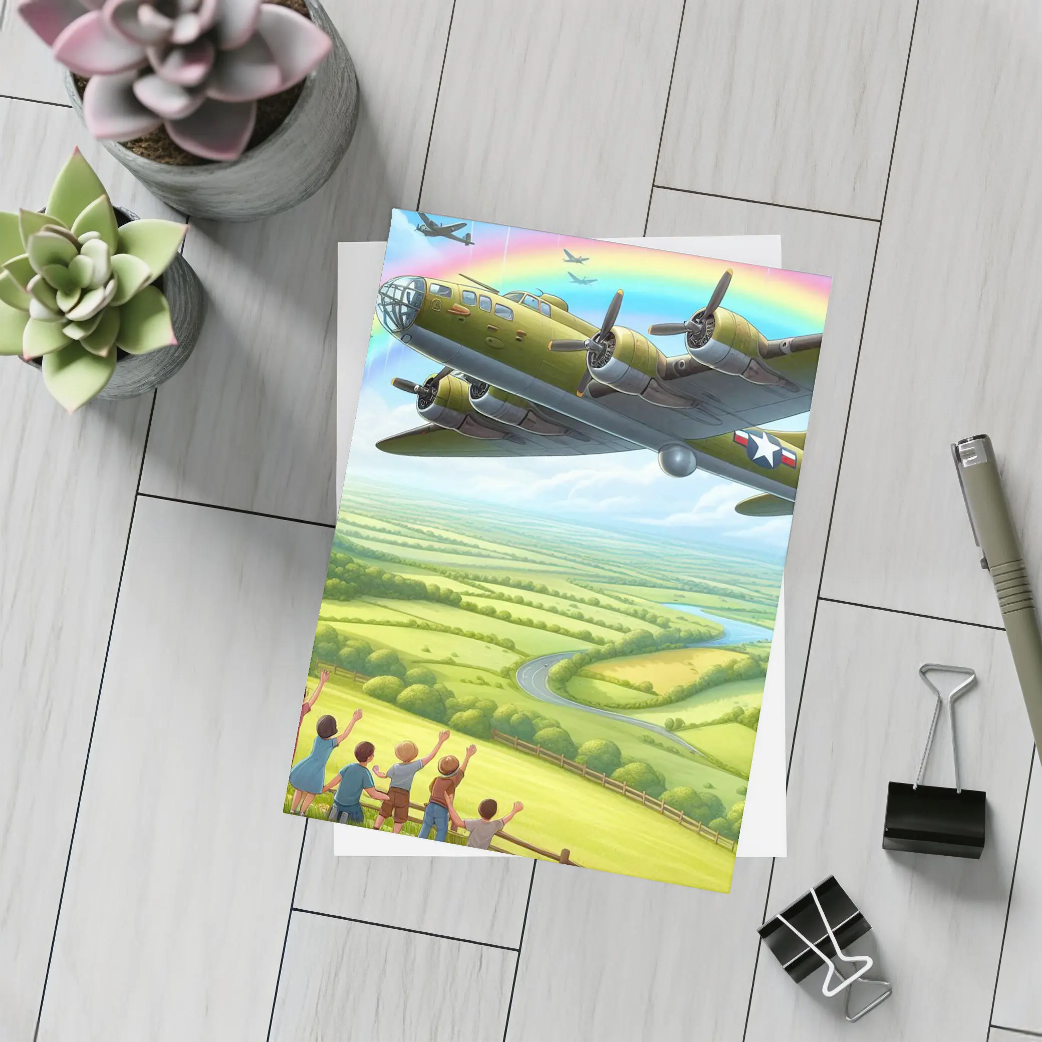 WWII Bomber Flying Over Green Countryside Rainbow – Postcards