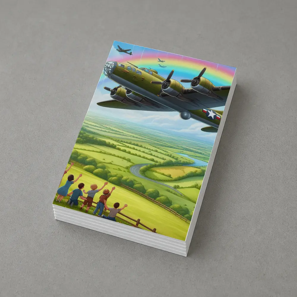 WWII Bomber Flying Over Green Countryside Rainbow – Postcards