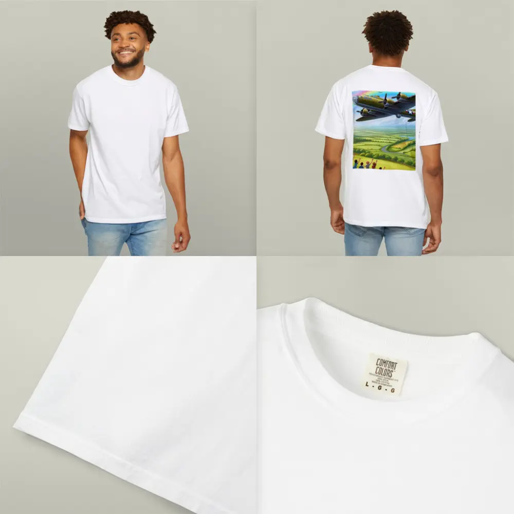 WWII Bomber Flying Over Green Countryside Rainbow – T-Shirts
