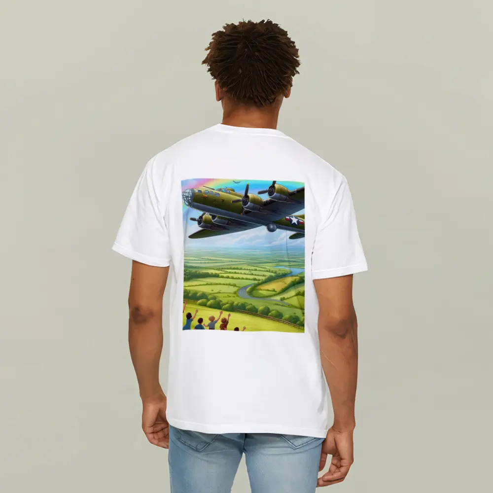 WWII Bomber Flying Over Green Countryside Rainbow – T-Shirts