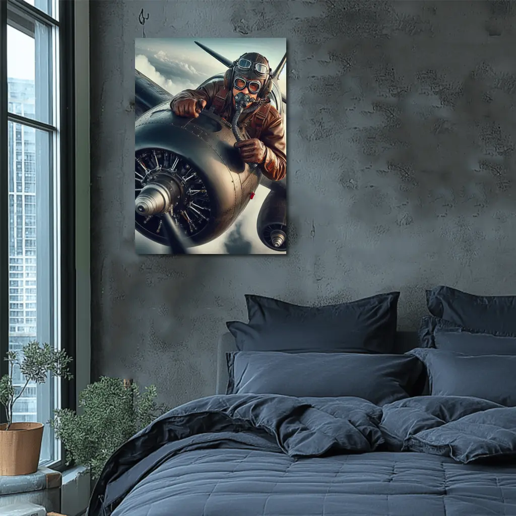 WWII Pilot Leaning Over Propeller Engine Sky – Wall Art