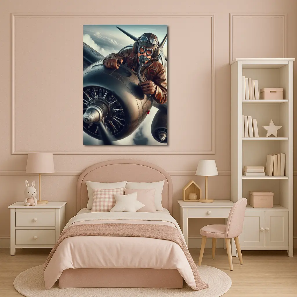 WWII Pilot Leaning Over Propeller Engine Sky – Wall Art