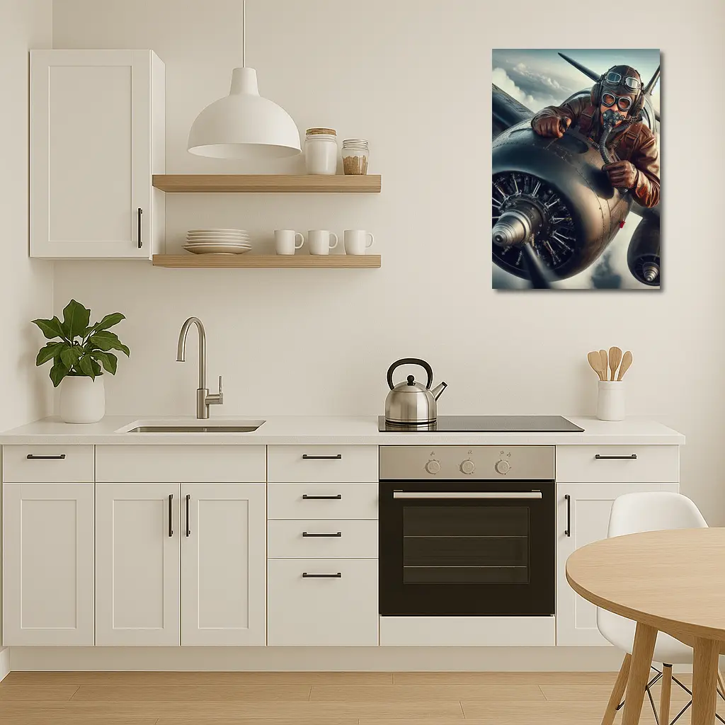 WWII Pilot Leaning Over Propeller Engine Sky – Wall Art