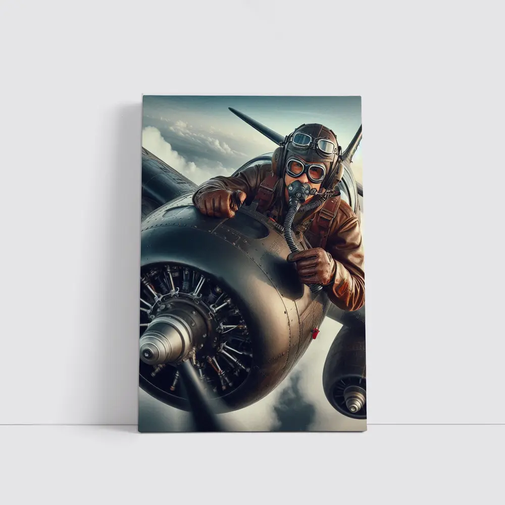 WWII Pilot Leaning Over Propeller Engine Sky – Wall Art