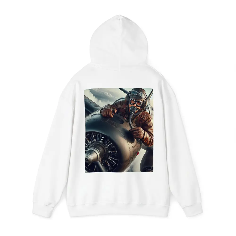 WWII Pilot Leaning Over Propeller Engine Sky – Hoodies
