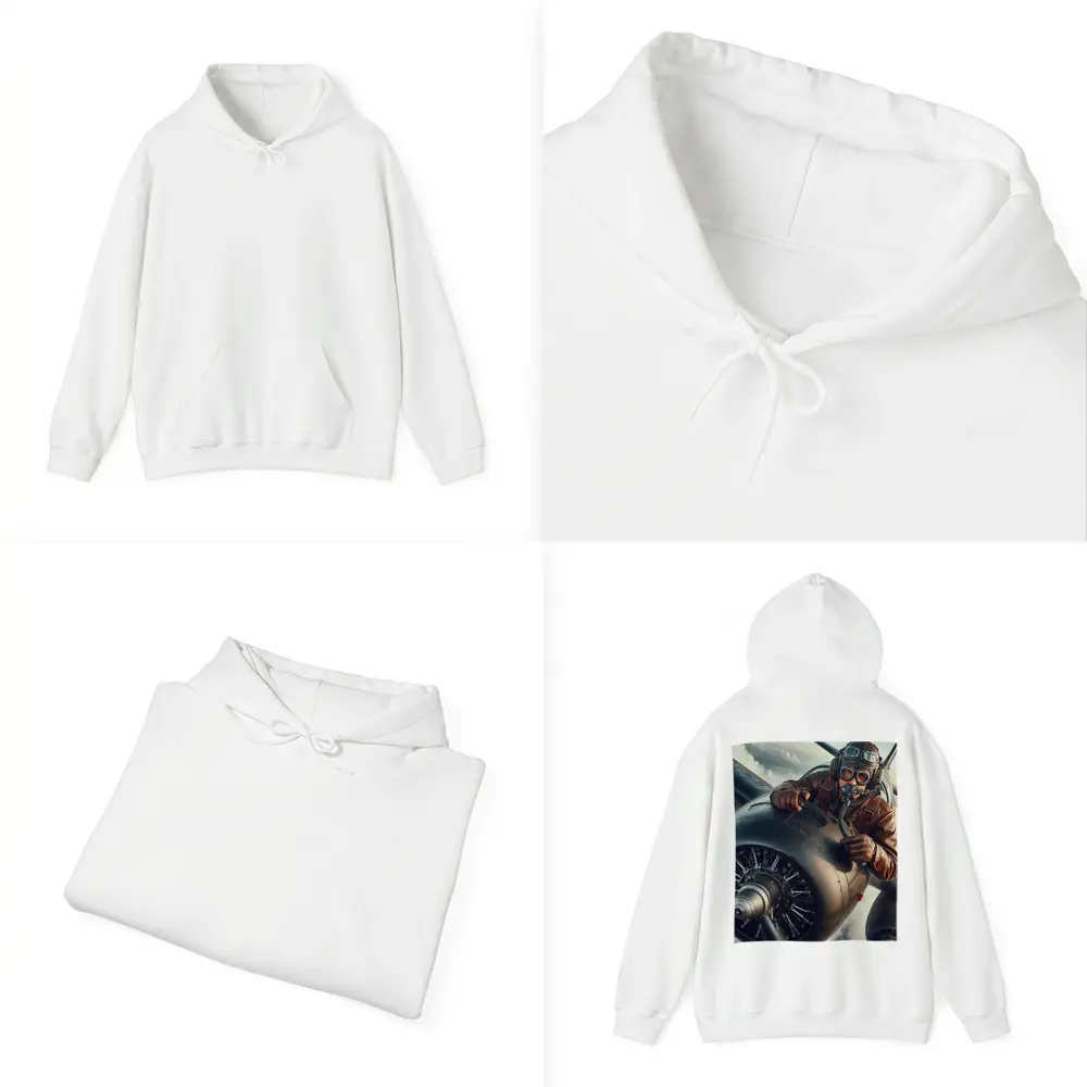 WWII Pilot Leaning Over Propeller Engine Sky – Hoodies