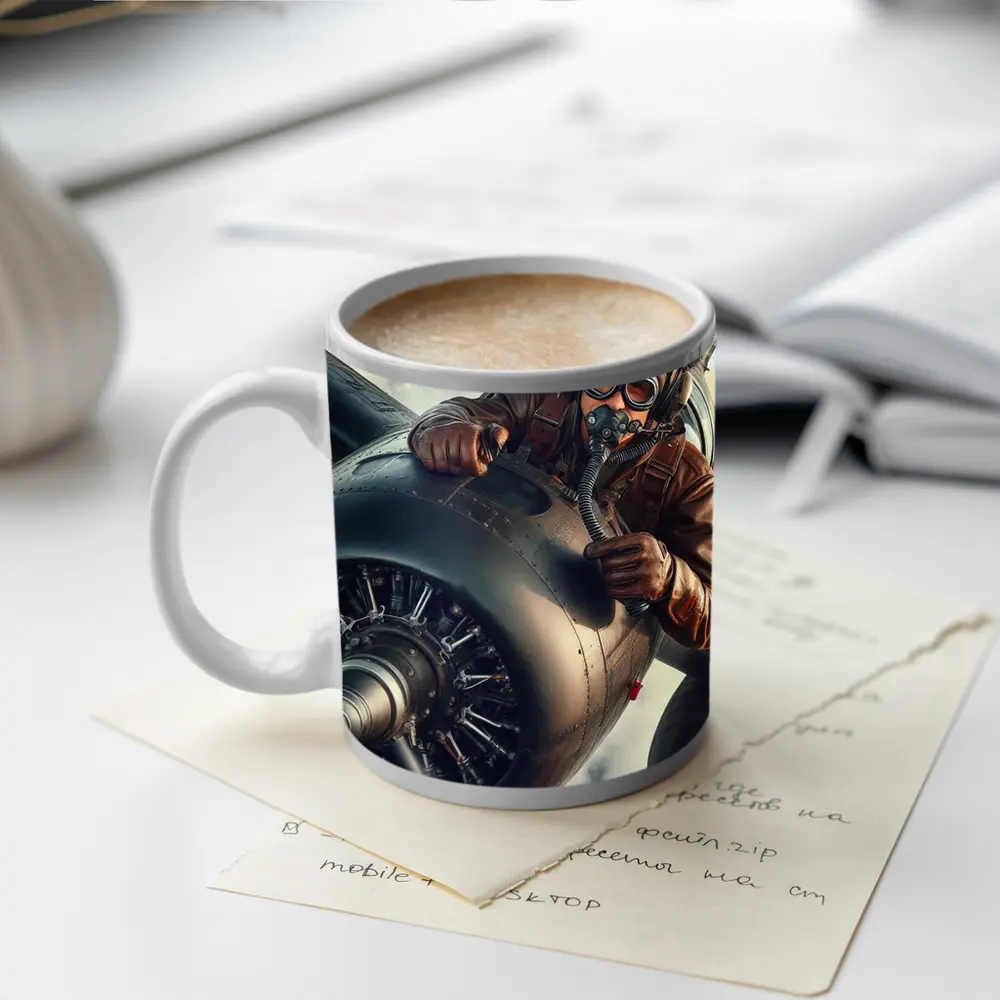 WWII Pilot Leaning Over Propeller Engine Sky – Mugs