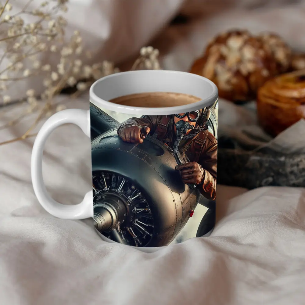 WWII Pilot Leaning Over Propeller Engine Sky – Mugs