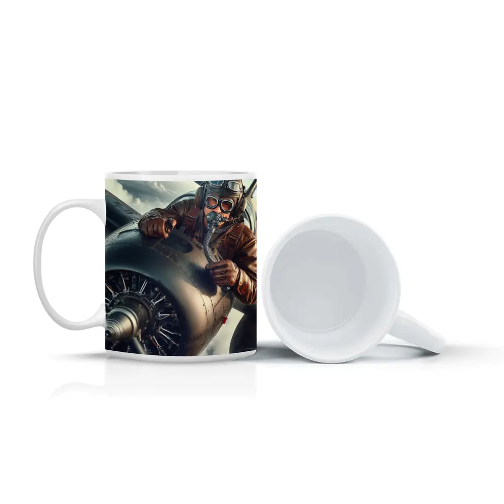 WWII Pilot Leaning Over Propeller Engine Sky – Mugs