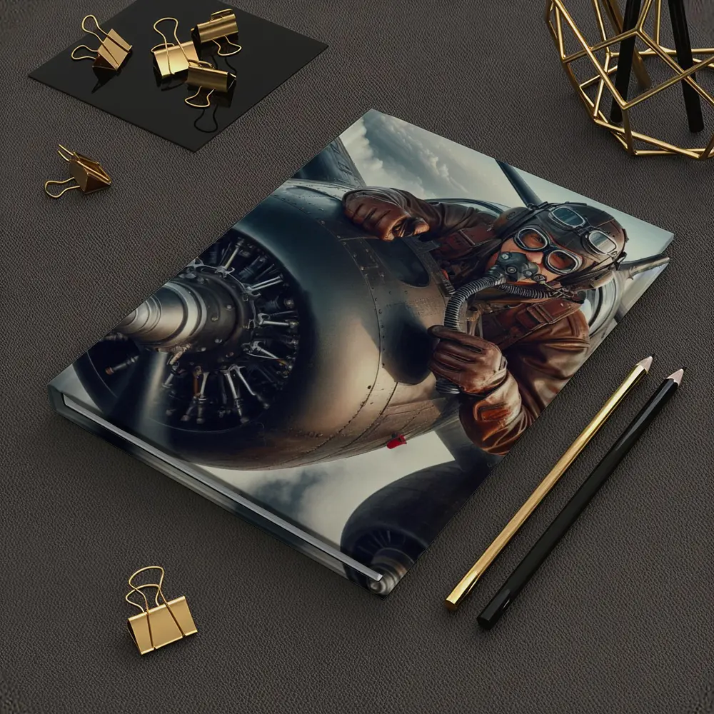 WWII Pilot Leaning Over Propeller Engine Sky – Notebooks