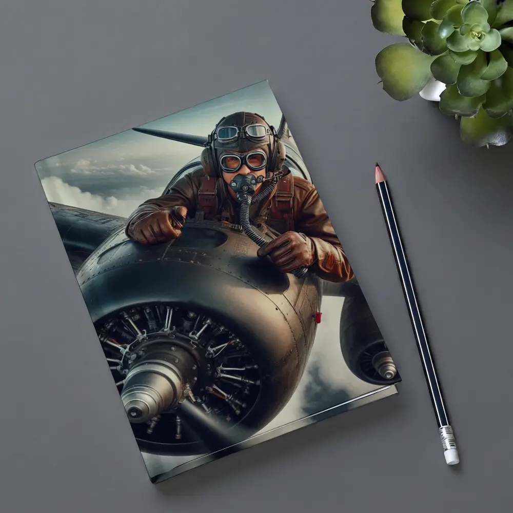 WWII Pilot Leaning Over Propeller Engine Sky – Notebooks