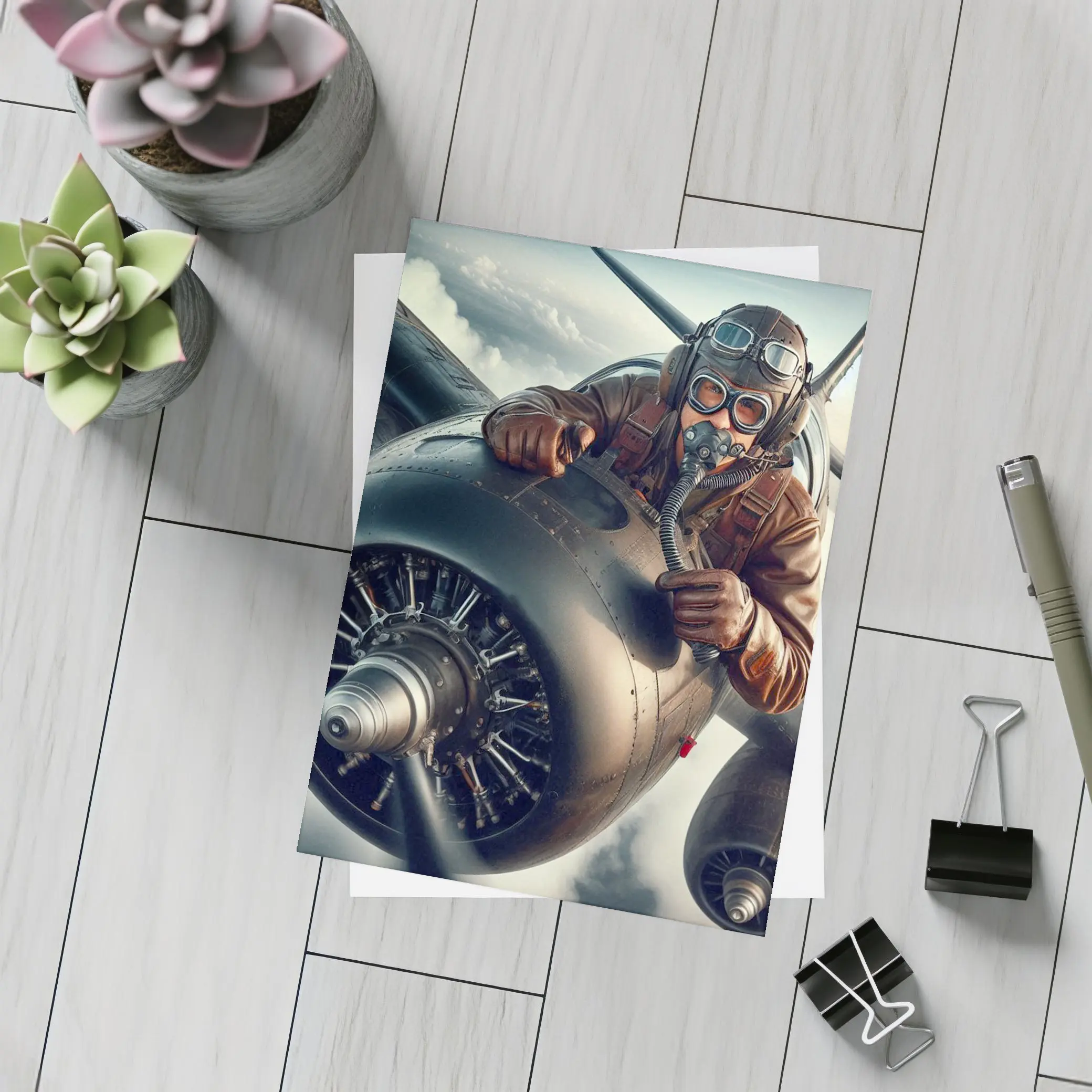 WWII Pilot Leaning Over Propeller Engine Sky – Postcards