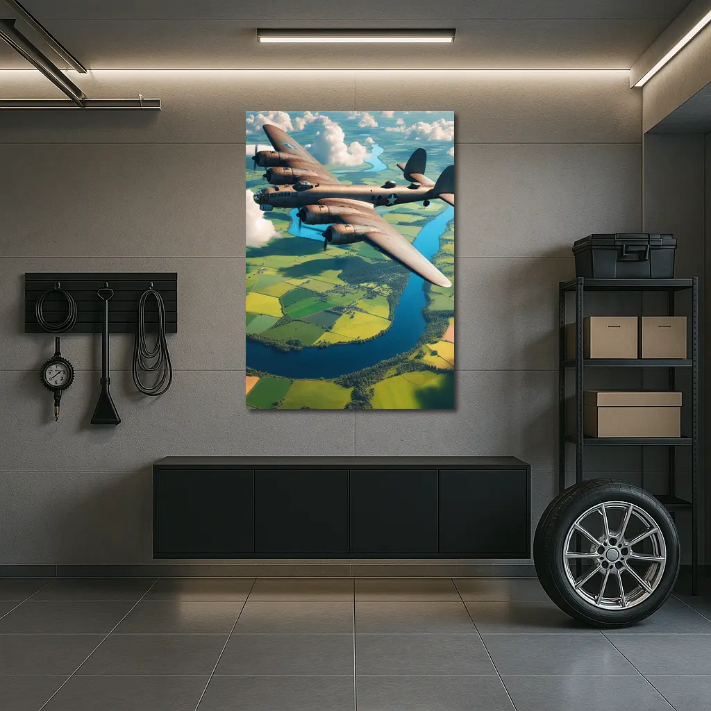 WWII Heavy Bomber Flying Over Green Fields – Wall Art